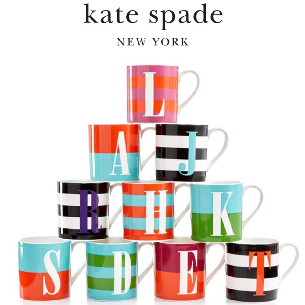 kate spade ‘E’ Initial Wickford Red Letter Day Colorful Striped Mug Orange Pink - Picture 3 of 6